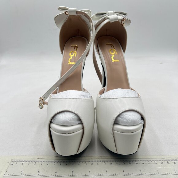 FSJ White Peep Toe Bridal Shoes Ankle Strap Bow Platform Heeled Sandals - Picture 3 of 8
